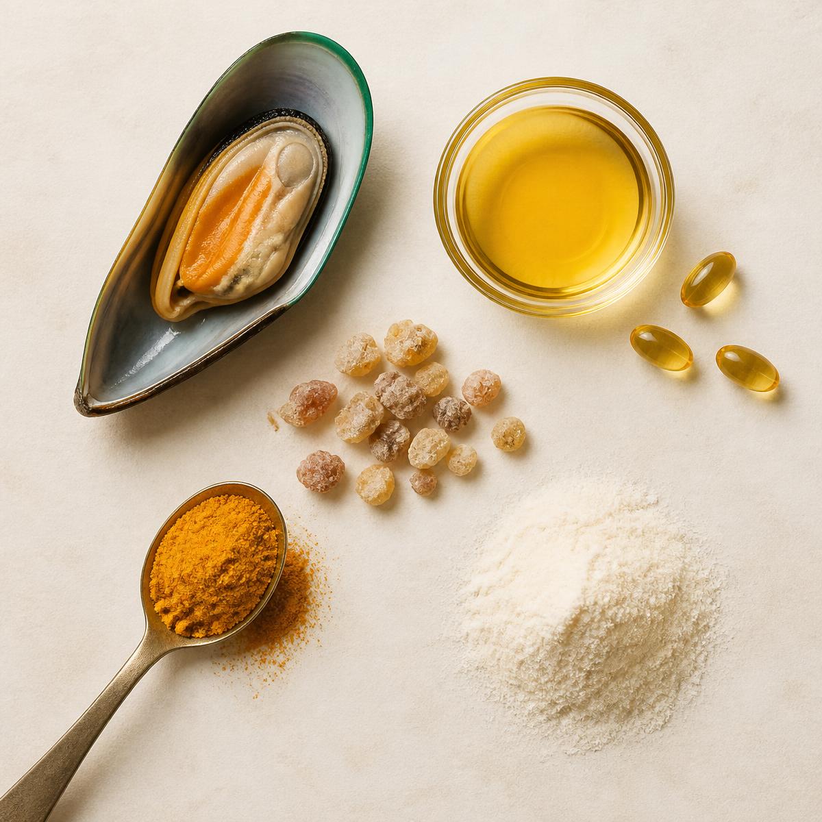 Flat Lay der Hauptwirkstoffe: Grünlippmuschel, Omega-3, Boswellia, Curcumin, Kollagen