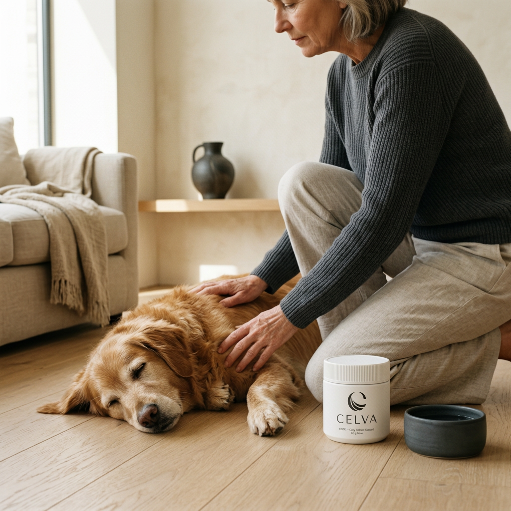 Ruhiger Hund mit Besitzerin zu Hause, CELVA Core als Teil der täglichen Routine