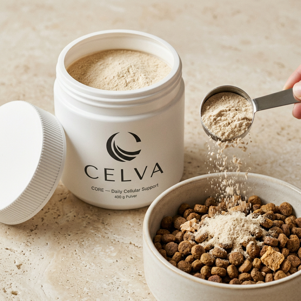 Geöffnete CELVA Core Dose mit Pulver und Messlöffel, eingerührt ins Hundefutter